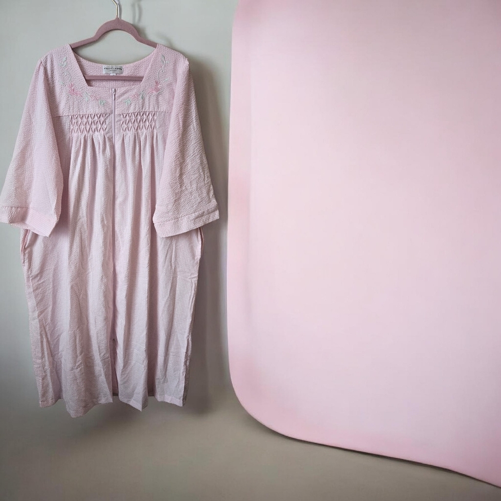 Miss Elaine Nightgown Womens 3X Pink Check House Dress Zip Seersucker Long #116